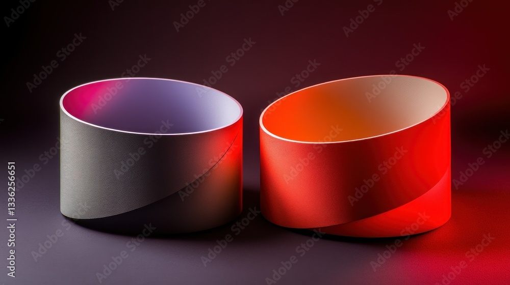 Poster two colorful cylindrical objects angled with vibrant interiors and shadows