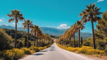A long empty road lined with perfectly symmetrical palm trees and yellow flowers