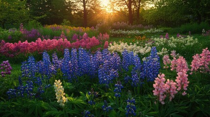 Naklejka premium Vibrant Garden Landscape with Colorful Blooms at Sunset