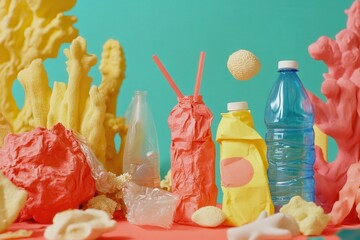 Colorful arrangement of plastic waste and bottles against a vibrant coral-inspired background