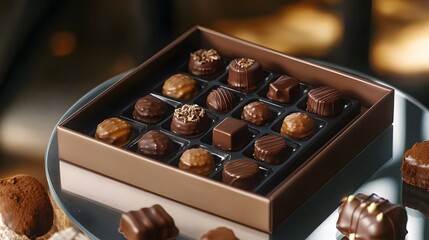 A stylish display of assorted chocolates in a modern box, artfully set on a smooth glass plate with subtle ambient lighting in crisp HD detail.