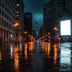 Fototapeta premium wet city street reflections of buildings and lights at night in urban cityscape