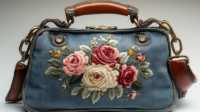 Denim bag with 3d intricate floral embroidery in shades of orange, blue, and pink, accented with leather straps and buckles. Ideal for fashion blogs, craft websites, and articles on bohemian style and