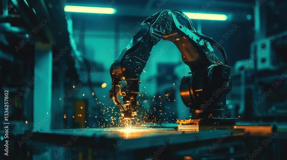Aufkleber a futuristic robot arm performing a welding operation at a factory