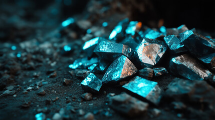 A detailed close-up of mineral-rich earth fragments, displaying vibrant hues of metallic blues and silvers, resting in a small pile near the entrance of a mine shaft.