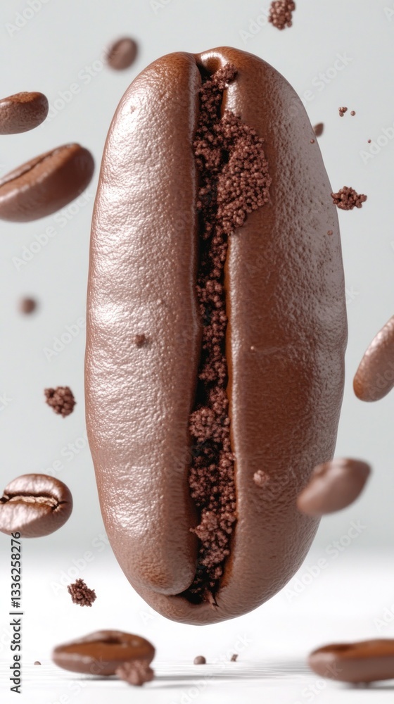 Poster an isolated coffee bean with ground coffee within its split form
