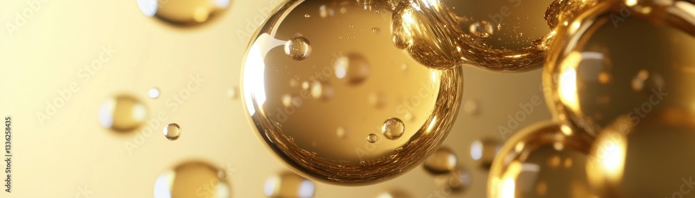 Poster golden spheres of liquid with smaller bubbles floating in them