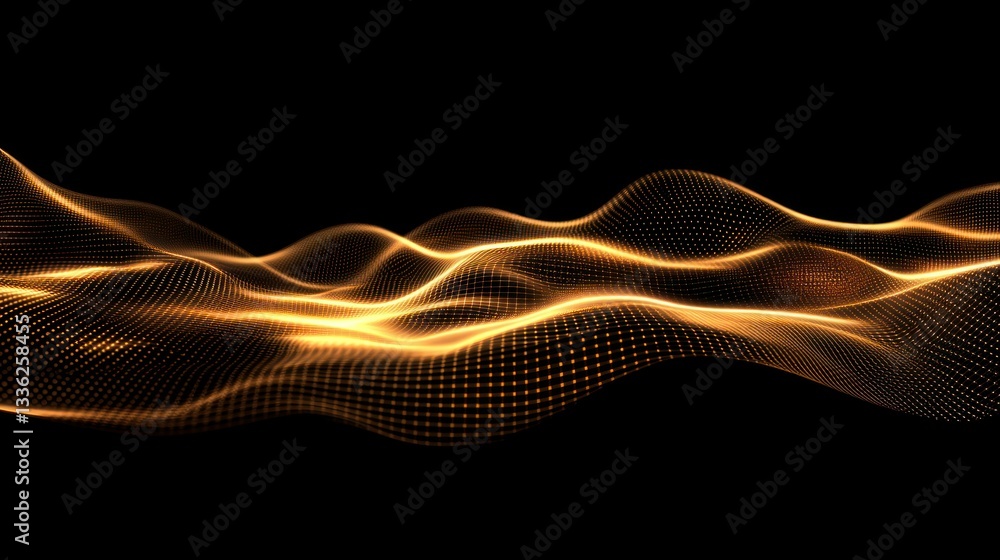 Poster a golden glowing digital field exhibiting undulating and wavy structures