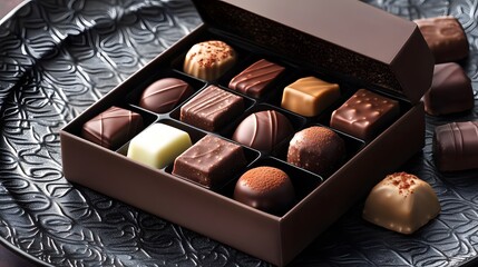 A stylish presentation of assorted chocolates in a modern box, artfully set on a dark patterned plate with soft shadowing, captured in HD.