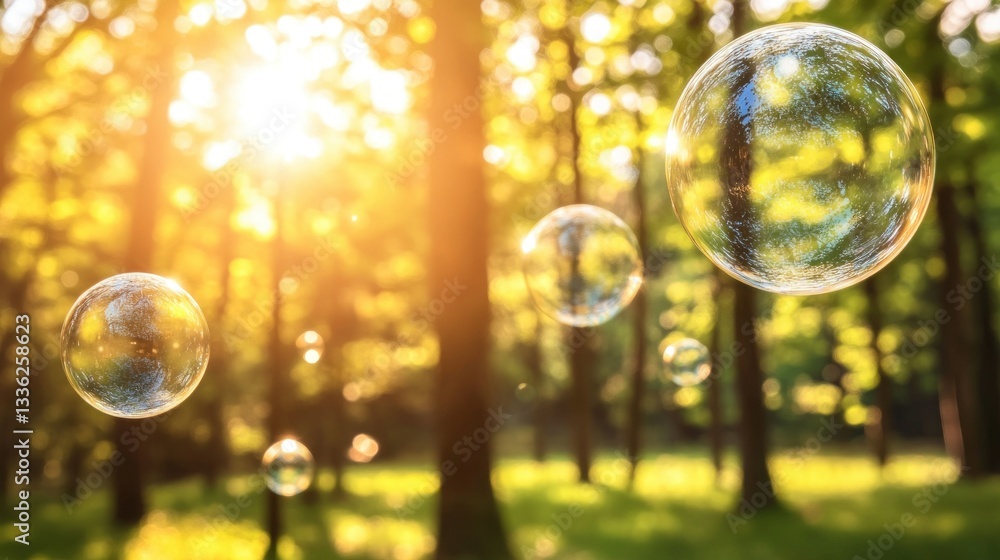 Poster soap bubbles float in a sunny forest amongst the trees