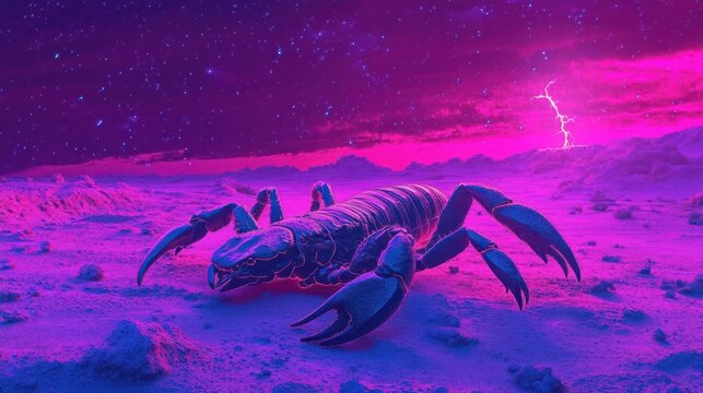 Cyberpunk desert landscape featuring a neon scorpion under a starlit magenta sky
