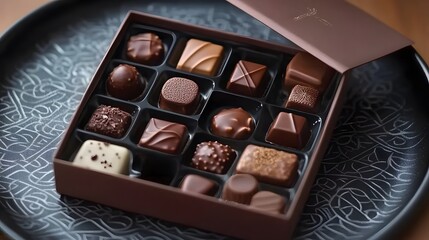 A stylish presentation of assorted chocolates in a modern box, artfully set on a dark patterned plate with soft shadowing, captured in HD.