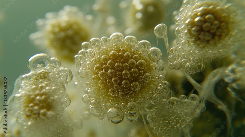 Poster clusters of small bubbles and organic material in close up