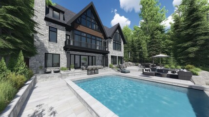 Luxurious modern residence featuring a swimming pool in a wooded area