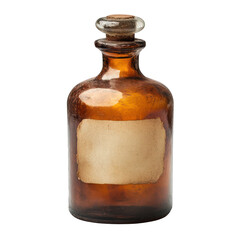 A vintage apothecary bottle with a glass stopper, aged paper label, and amber-tinted glass  isolated on a white background.