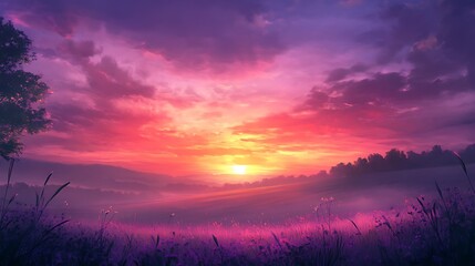fields sunrise vibrant pink purple glowing sky image