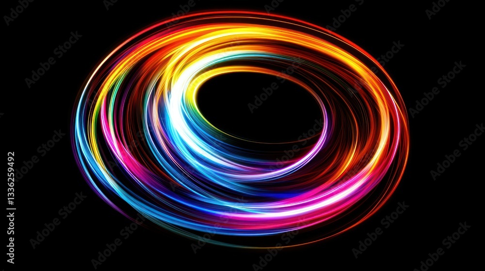 Poster abstract colorful illuminated swirling light trails on black background