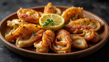 Delicious fried seafood arranged beautifully on wooden dish, culinary art