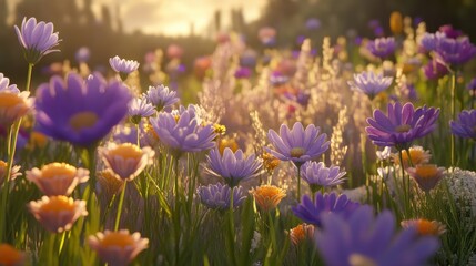 Fototapeta premium Vibrant Wildflower Meadow at Sunset with Colorful Petals and Greenery