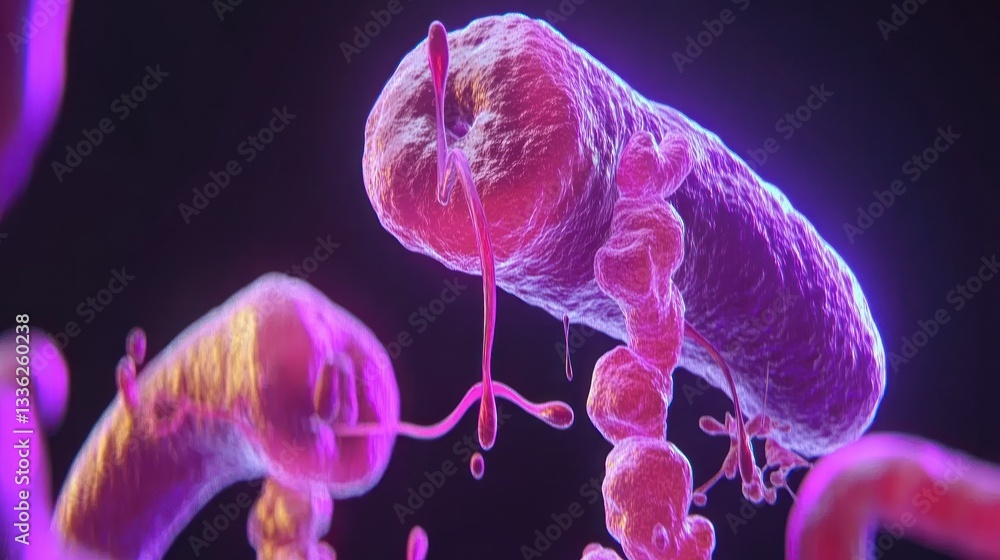 Poster Close up view of an animated microorganism floating in space
