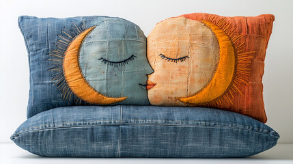 Moon and sun face pillow, celestial design, blue and orange tones.Home decor websites,marketplaces, interior design blogs, gift idea websites, craft blogs, celestial-themed, astrology websites
