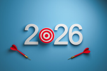 Concept goal 2026. 3D volumetric 2026 with a target and a dart on a blue background top view. 3d rendering.