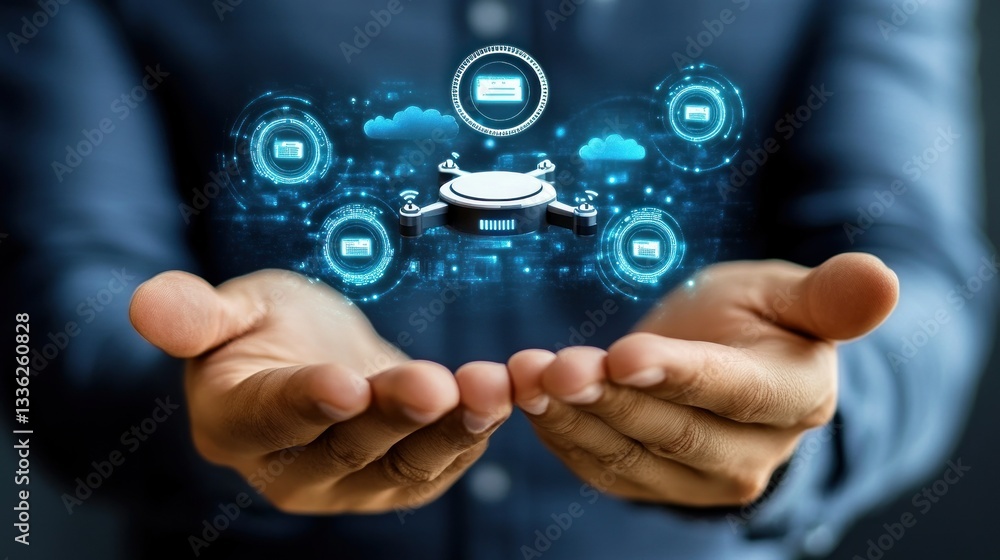 Poster Man holding a drone with digital data transfer icons displayed