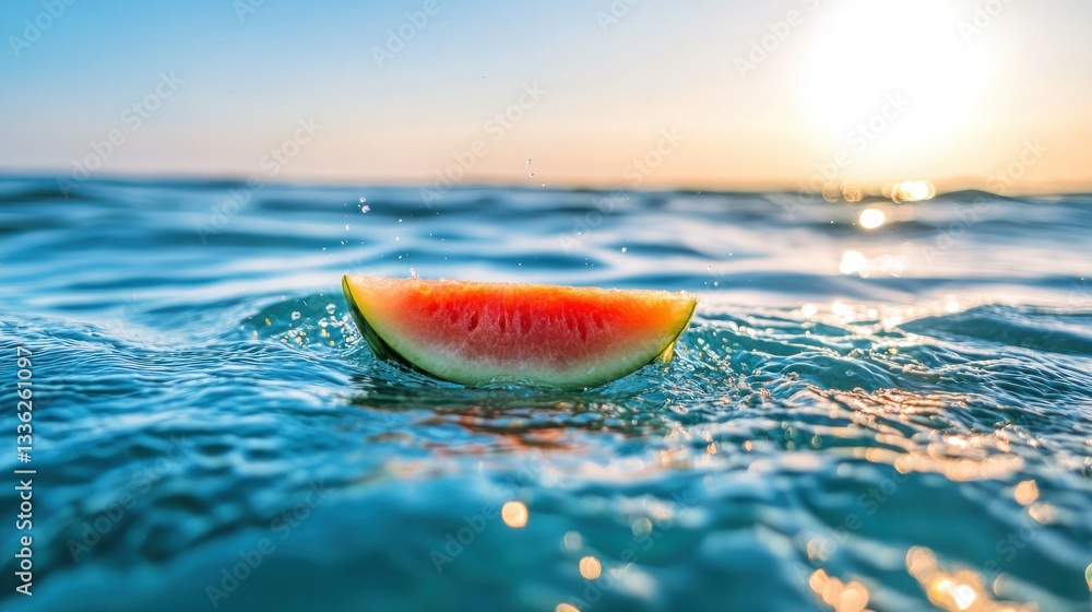Poster a watermelon slice floating gently on the ocean surface waters