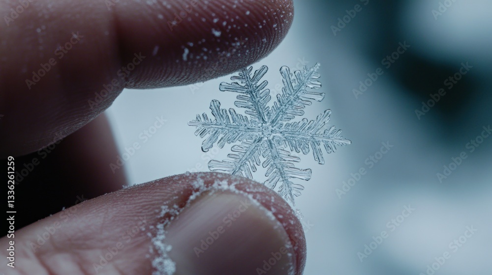 Poster Detailed close up view of a pristine snowflake held by fingers