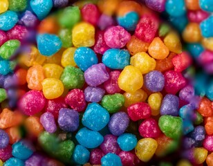 A magnified view of popping candy grains, sparkling with vibrant colors.