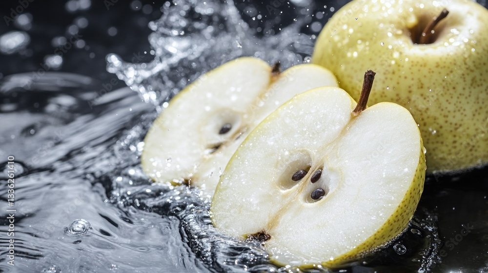 Poster Sliced Pears Submerged In Water Creating Refreshing Splashes
