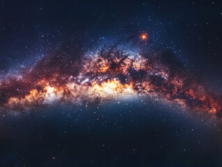 Fototapeta premium a stunning view of the Milky Way galaxy, showcasing a vibrant mix of stars, nebulae, and cosmic dust in shades of blue, orange, and purple. The galaxy's central regions appear especially bright