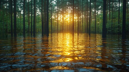 flooded forest during sunset