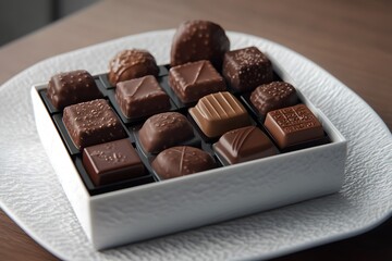 A sumptuous box of handcrafted chocolates, elegantly plated on a textured white dish with delicate accents and rendered in crisp HD detail.