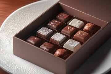 A sumptuous box of handcrafted chocolates, elegantly plated on a textured white dish with delicate accents and rendered in crisp HD detail.