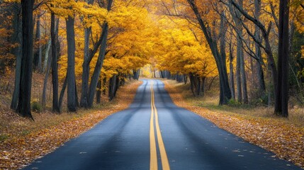 Obraz premium A scenic drive through a tunnel of golden-leaved trees in the fall season