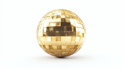 Golden disco ball isolated on white background, shiny, reflective surface, vibrant party decoration, retro style, dance floor ornament, sparkling light reflections, festive atmosphere, disco sphere.