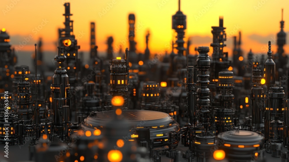 Poster futuristic city skyline with metallic structures and illuminated windows at sunset