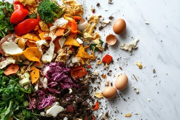 Colorful assortment of vegetable scraps and eggshells on a marble surface, illustrating food waste
