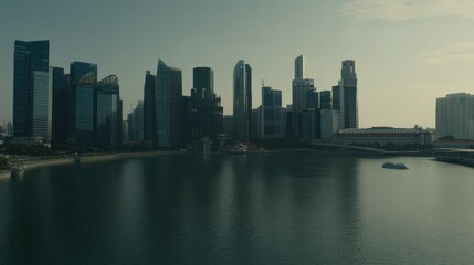 Naklejka premium Modern skyscrapers and a body of water fill the landscape