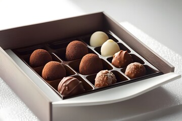 A sumptuous selection of rich chocolate truffles in a sleek box, artfully plated on a modern white dish with delicate accents in HD.