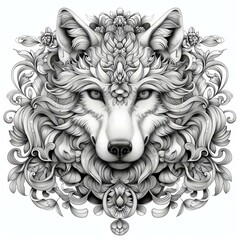 A stunning artistic representation of a wolf adorned with intricate floral patterns, showcasing beauty and nature in a harmonious design that captivates the viewer's imagination.