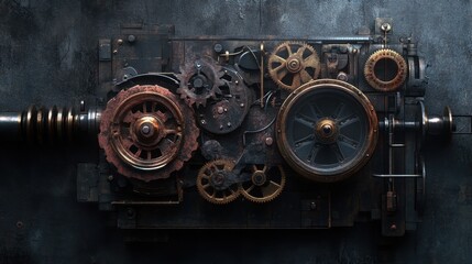 A steampunk-inspired wall clock with exposed gears on a dark industrial wall
