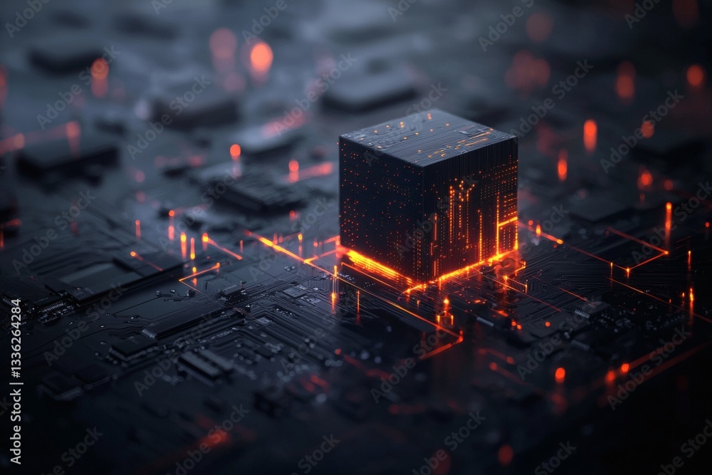 Poster ai-generated digital particles swirl around a cube