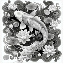 This artistic depiction features a koi fish swimming among elegant lotus flowers, symbolizing beauty, purity, and tranquility in a serene environment.