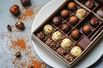A tempting box of rich hazelnut chocolates, arranged elegantly on a white ceramic plate with scattered cocoa powder in HD.