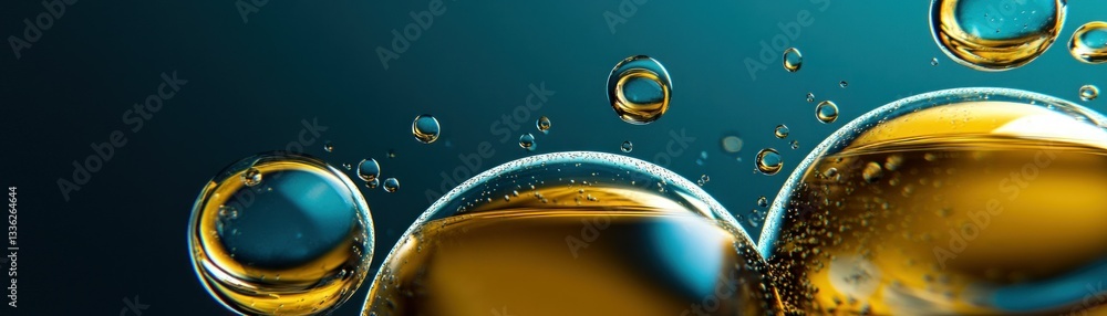 Poster Close up view of translucent and reflective fluid bubbles