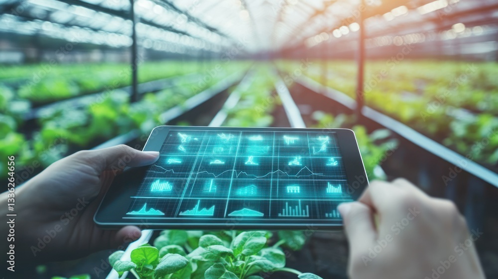 Aufkleber hands holding tablet displaying data in a greenhouse environment