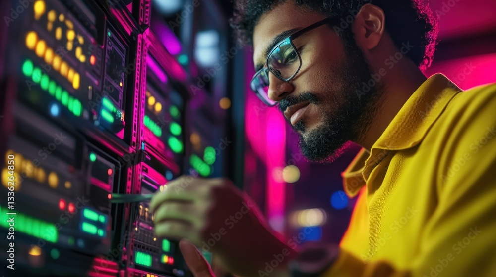 Poster man carefully examines and adjusts server panels with focused concentration
