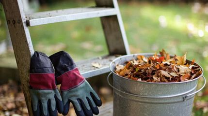 Gardening gloves and metal bucket filled with autumn leaves placed beside ladder in garden